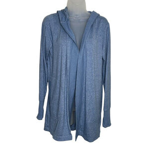 Athleta Womens Open Front Hooded Cardigan Knit Sweater Heather Blue‎ Size Medium